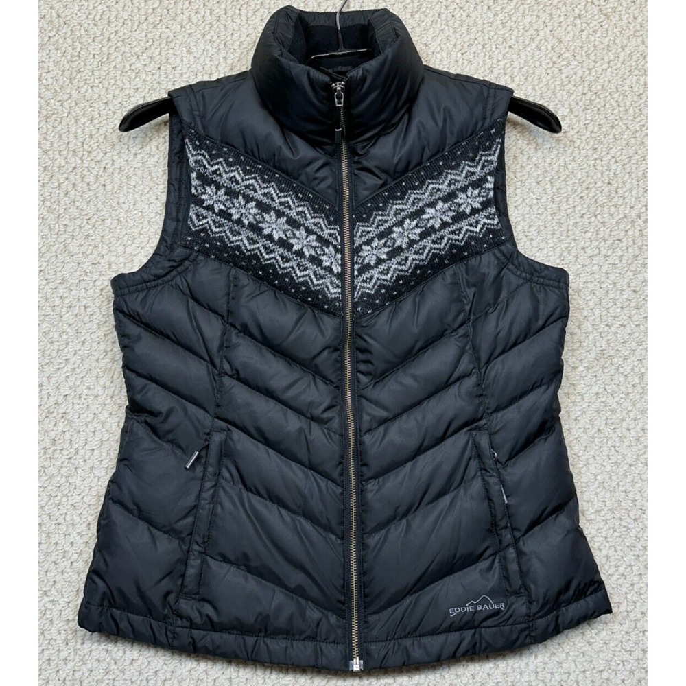 Eddie Bauer Vest Womens Small Black Premium Goose Down Puffer Nordic Fair Isle